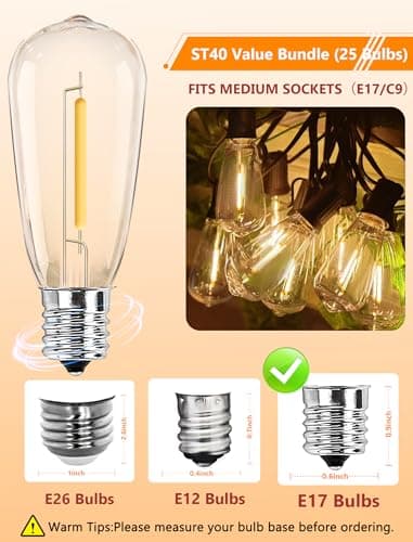 Kivonfa 25 Pack ST40 Vintage LED Edison Bulbs, Shatterproof 0.6W Energy Efficient E17 LED Replacement Bulbs for Outdoor String Lights, E17/C9 Intermediate Base Bulb Waterproof, Warm White 2700K - Thumbnail 5
