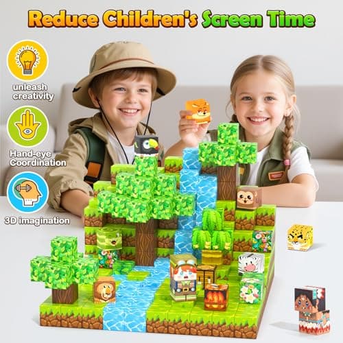 Gooidea 150 Magnetic Blocks Magnet Building Craft, STEM Constructions Toy, Sensory Stacking Cubes Kids Toys, Holiday Birthday Gifts for Boys Girls Age 4-6, 5-7, 4-8, 8-12 - Jungle Adventure Playset - Thumbnail 3