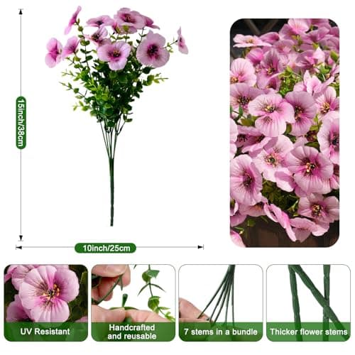Fanfantoey 14Pcs Artificial Flowers for Outdoors, UV Resistant Fake Flowers Silk Pansy Outside Decoration,Faux Silk Flowers Fake Plants Spring Flowers Porch Yard Patio Home Decor, Fuchsia - Thumbnail 2