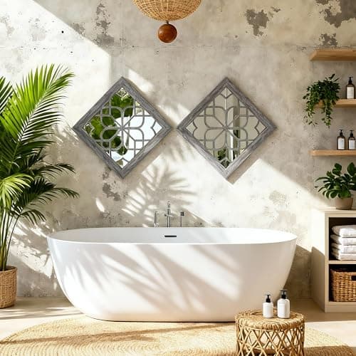 HMANGE Boho Wall Mirror Decor, Set of 2 Rustic Farmhouse Accent Mirror 12x12 Inch, Square Shatterproof Vintage Style Mirrors for Wall, Small Decorative Mirrors for Living Room, Bedroom(Brown) - Thumbnail 6