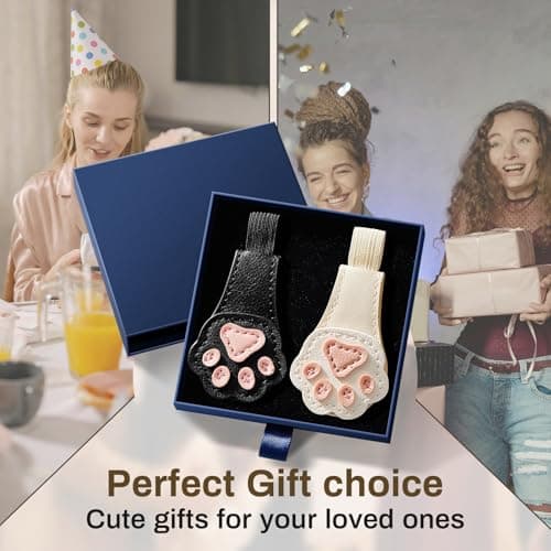 2Pcs Magnetic Bookmarks with Gift Box Magnetic Pen Holder for Notebook Cat Book Marks Clip Gift for Book Lover Readers Cute PU Leather Bookmark for Women, Paw (White+Black) - Thumbnail 3