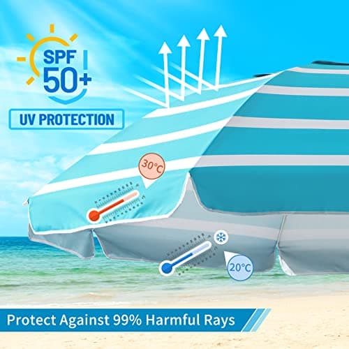 Beach Umbrella - Beach Umbrella for Sand Wind Portable with Tilt Pole, 6.56 FT Arc Length 5.9 FT Diameter, Heavy Duty Wind Resistant Striped Large Umbrellas, UV 50+ Parasol with Anchor Screw Adjustable Height and Foldable Table Board - Thumbnail 2