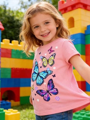 Funnycokid Little Girls T Shirt Size 6 7 Kids Pink Tee Butterflies Animal T-Shirt Graphic Short Sleeve Clothes Tops - Thumbnail 6