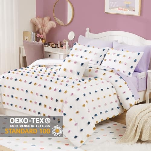 Geniospin Colored Pom Queen Comforter Set, 8 Pieces Ball Pom Comforter Sets, Bed in a Bag Queen, All Season Down Alternative Bedding Set, Lightweight, Warm and Breathable - Thumbnail 2