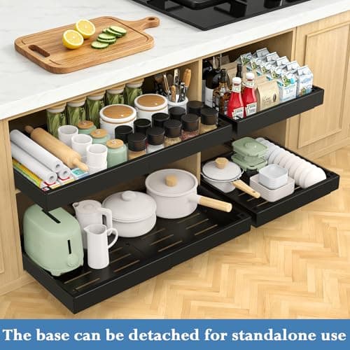 Aisslro Under Sink Organizer, 2 Tier Under the Sink Storage, Expandable Adjustable Slide Out Pull Out Under Cabinet Organizers Shelf, for Kitchen Bathroom Pantry Closet Organization, Black - Thumbnail 6