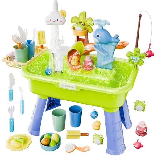 Cosminy 2026 Upgraded Water Table for Toddlers 1-3, Kids Play Sink with Running Water, Toddler Kitchen Sink Toy with Pump, Fishing Game & Sensory Water Play Toys for Boys Girls (Green) - Image 1