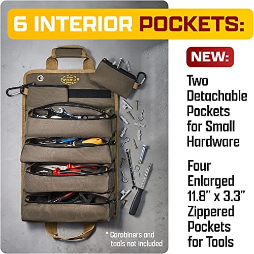 The Ryker Roll Up Tool Bag Organizer Gifts for Dad. Heavy Duty Motorcycle Tool Roll Bag Organizer. Portable Rollup Toolbag w/Detachable Pouches - Tools Bags Mens gifts for him - Mechanic & Electrician - Thumbnail 4