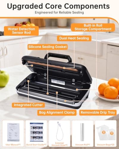 85kPa Heavy Duty Vacuum Sealer Machine, Commercial Grade Food Sealer with Double Seal, One-Hand Operation Handle, Built-in Cutter & Bag Storage, Moist/Dry Modes for Sous Vide, Meat & Meal Prep - Thumbnail 6