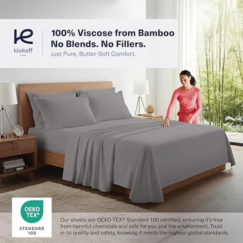 Kickoff Viscose Bamboo Sheets King Size 4-pc 100% Organic Bamboo Viscose Bed Cooling Sheets King Size Set Cool Bedding for hot Sleepers Sheet Set - Gift Ready Packaging (Dark Grey,K) - Thumbnail 3