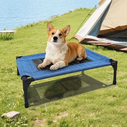 Elevated Dog Bed with Heavy-Duty Steel Frame, Breathable Mesh Cooling Surface, Easy to Clean, Portable Raised Dog Cot for Indoor & Outdoor Use,32x24x8 Inches Blue Dog Bed,Size S.