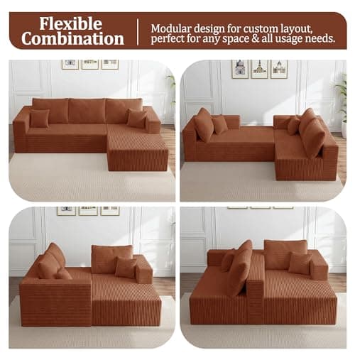 92.5" Modular Sectional Sofa, L-Shaped Cloud Couch with Deep Seats & Chaise, Convertible 4-in-1 Corduroy Boneless Couches for Living Room, Bedroom, No Need Assembly - Brown - Thumbnail 6