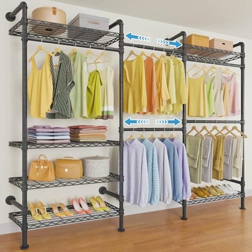 Timate F3 Garment Rack Heavy Duty Clothes Rack for Hanging Clothes, Expandable Industrial Pipe Wall Mounted Clothing Racks, Adjustable Storage Wardrobe Closet Kit Walk in Closet Systems, Black - Image 1