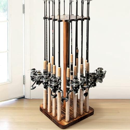 Fishing Rod Holders for Garage 360 Degree Rotating Fishing Pole Rack, Floor Stand Holds up to 16 Rods Wood Fishing Gear Equipment Storage Organizer, Fishing Gifts for Men Women - Image 1
