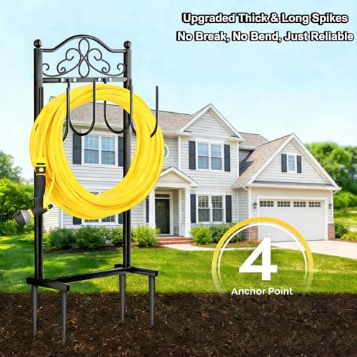 SHOMEXTOL Upgraded Garden Hose Holder - Heavy Duty Freestanding Metal Hose Holder with 4 Stabilizing Spikes, Sturdy Hose Hanger up to 100ft Hose for Yard, Lawn & Outdoor Garden (Black) - Thumbnail 5