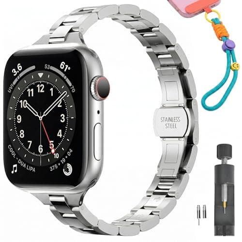 PUGO TOP Luxury Slim Stainless Steel Band Compatible with Apple Watch Series 11 10 9-1 (46/45/44/42/41/40/38mm) & Ultra 3/2/1(49mm), Elegant Jewelry Bracelet for Women, Dressy Business Metal Strap with Butterfly Clasp, Gift Set with Phone Lanyard - Image 1