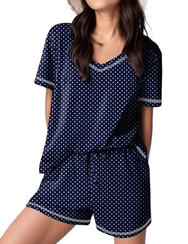 Ekouaer Womens Pajamas Sets Soft 100% Cotton Pjs Short Sleeve Lounge Sets Casual Two Piece Pjs With Pockets Blue Point XXL - Image 1