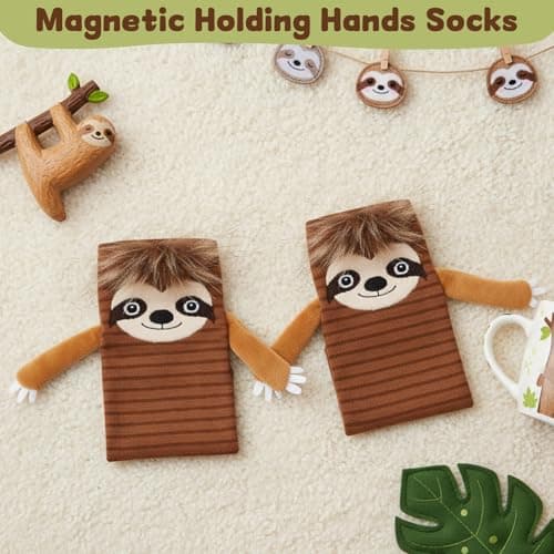 FunisFun Sloth Socks with Magnetic Holding Hands Funny Animal Crazy Socks for Women Ideal Sloth Gifts for Girls Birthday (US, Alpha, One Size, Regular, Regular, Brown) - Thumbnail 4