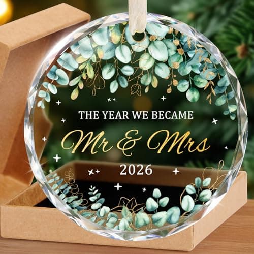 Wedding Gifts for Couples 2026, Premium Crystal Glass First Christmas Married Ornament, Mr and Mrs Gifts for Newlyweds, Just Married Bridal Shower Decor, Unique Keepsake Present for Bride & Groom