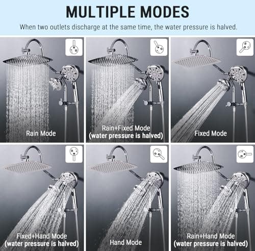 G-Promise 12 Inch Metal Rain Shower Head with Handheld Spray Combo, Massage Fixed and 7+2 Function Handheld Showerhead, Extended Diverter with 12 Inch Extension Arm, Extra Long stainless steels Hose - Thumbnail 6