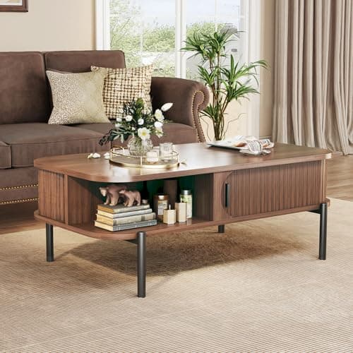 Coffee Table, 39.4" Mid Century Modern Coffee Tables for Living Room, Coffee Table with Storage Open Shelf, Fluted Table with Sliding Cabinet Door, 2-Tier Rustic Wood Desktop, Walnut - Thumbnail 3