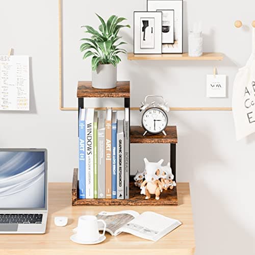 Gannyfer Office Decor Desk Shelf Organizer - Wood Desktop Shelf, Freestanding Desk Hutch, 3 Tier Storage Display Rack, Small Bookshelf with Metal Frame for Books/Plants/Toys (Rustic Brown Black) - Thumbnail 2