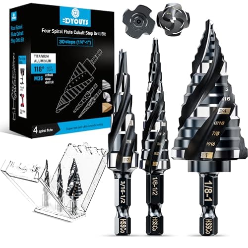 Four Spiral Flute M35 Step Drill Bit Set 1/4"-1"(3 pcs 30 Sizes), 1/4" Shank for Metal Step Drill bit, Impact Resistant Cobalt Step Drill Bit, for Stainless Steel, Wood, Aluminum, Plastic