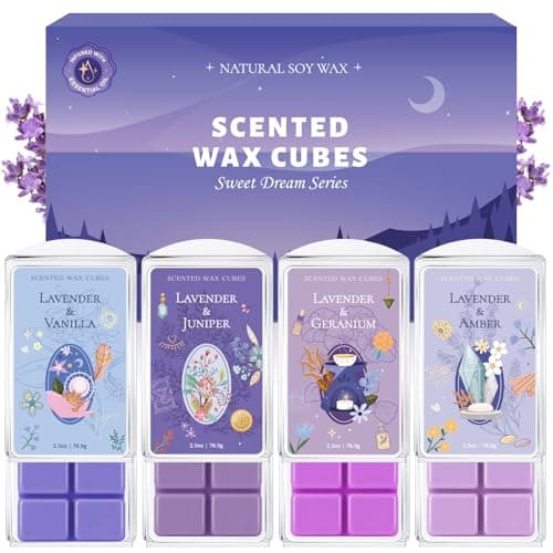 SCENTORINI Wax Melts, Soy Wax Cubes Strong Scent, Lavender Essential Oil Scented for Sleep, Summer Scents Wax Melts for Warmer Gift Set, 10 oz 4-Pack - Lavender & Amber, Juniper, Geranium, Vanilla - Image 1
