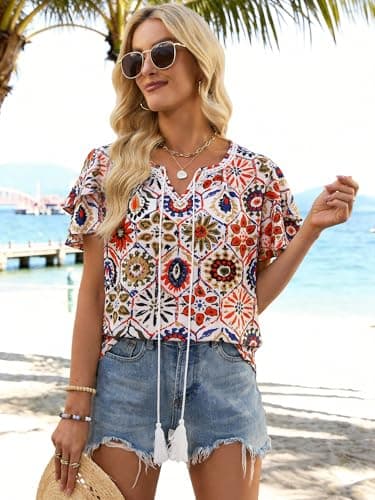 Bellcoco Womens Summer Boho Tops Short Sleeve Peplum Blouses V Neck Bohemian Shirt Tie Front Tunic Vacation Clothes Multicolored Floral Medium - Thumbnail 2