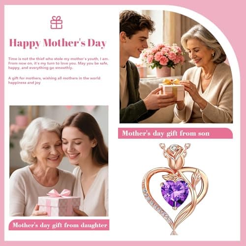 JACUPO Heart Birthstone Rose Gold Necklace for Women(Rose Gold-02-Amethyst) - Thumbnail 3