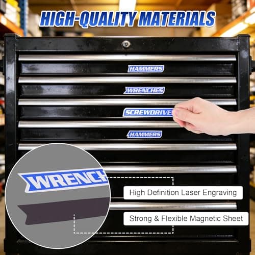 Magnetic Tool Box Labels and Hooks Set, 12 PCS Toolbox Magnetic Labels + 4PCS Self Adhesive Metal Hooks, Reusable Tool Box Accessories Organize for Steel Carts, Drawers, and Cabinets(Blue) - Thumbnail 3