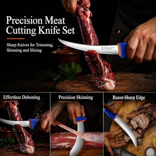 DRAGON RIOT 3 Pcs Butcher Knives Set, Meat Processing Knife Set for Brisket Trimming with German Stainless Steel and Blue Non-slip Handle Gift for Men - Thumbnail 5