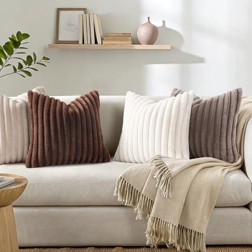 Simmore Faux Fur Couch Throw Pillow Covers 18x18 Set of 2, Decorative Soft Striped Plush Pillow Covers with Velvet Back for Sofa Bed Living Room, Cream White - Thumbnail 5