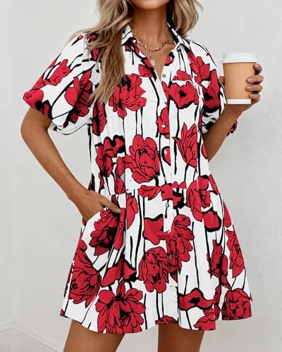 PRETTYGARDEN Womens Summer Dresses 2026 Casual Puff Sleeve Button Down Mini Shirt Dress Boho Floral Babydoll Sun Dress(Red,X-Large) - Thumbnail 5