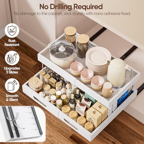 Nacial 2 Tier Pull Out Cabinet Organizer, Expandable(12.3"-20.7" W) Slide Out Cabinet Drawer with Adhesive Nano Film, Adjustable Heavy Duty Roll Out Shelves for Kitchen Pantry Bathroom Storage, White - Thumbnail 6