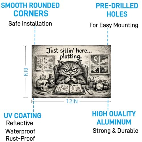 Just Sittin Here Plotting Metal Tin Sign Dark Humor Cat Artwork Funny Bathroom Wall Decor Gothic Sketch Style Plaque Restroom Home Office Gift 8x12 Inch Pre Drilled Hanging Art - Thumbnail 5