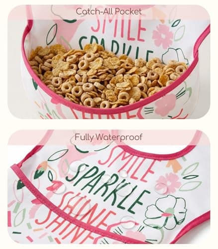 CIVARUA KIDS 3-Pack Waterproof Baby Bibs for Eating - Mess Proof Lightweight Toddler Feeding Bibs with Large Food Catcher, Food-Grade Baby Eating Essentials, Easy to Put On & Clean(Pink Floral) - Thumbnail 4