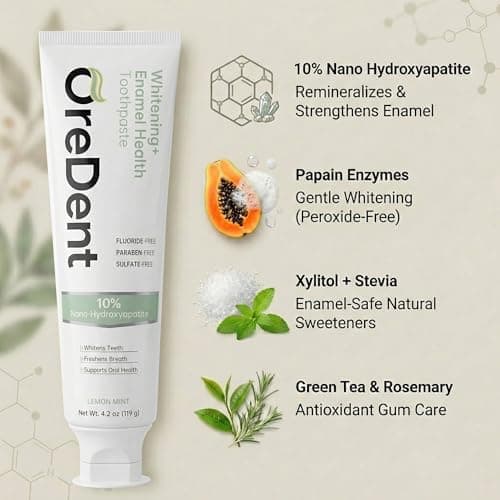 OreDent Fluoride Free 10% Nano Hydroxyapatite Whitening + Enamel Health Toothpaste, Remineralizing, Sensitivity Relief, Xylitol, SLS Free, Lemon Mint Flavor for Adults & Kids, 4.2 oz - Thumbnail 3