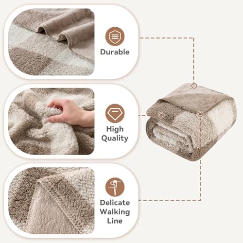 LURKA Checkered Sherpa Fleece Throw Blanket – Soft and Cozy, Medium Weight for All Season, Plush Throw for Couch, Bed, Dorm & Pets, Khaki, 60x80 Inches - Thumbnail 3