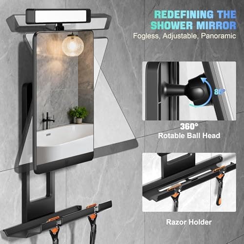 ENVTEK Heated Fogless Shower Mirror with 3-Color Dimmable Lights (3 Modes) - No Drilling Removable Mount & Razor Holder for Bathroom Shaving, Anti-Fog, 2026 Upgrade for Men - Thumbnail 5