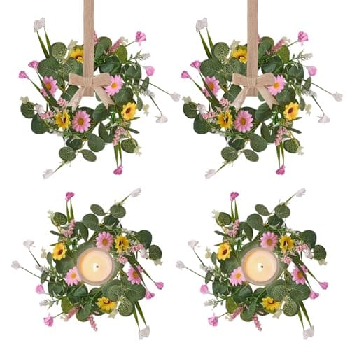 11.8 Inch Spring Summer Wreath, 4 Pcs Small Wreath Decorations with Daisy & Eucalyptus Leaves & Grass for Home, Door, Porch, Table, Candle Rings, Wall, Window, Cabinets（4, Spring Summer Wreath - Image 1