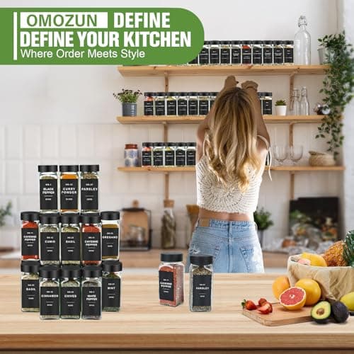 OMOZUN Spice Jars with Label, 12pcs 4oz Glass Spice Jars with Black Lids, Square Spice Containers with 152 Labels and Shaker Inserts, Empty Seasoning Bottles for Drawer, Cabinet, Seasoning Organizer - Thumbnail 2