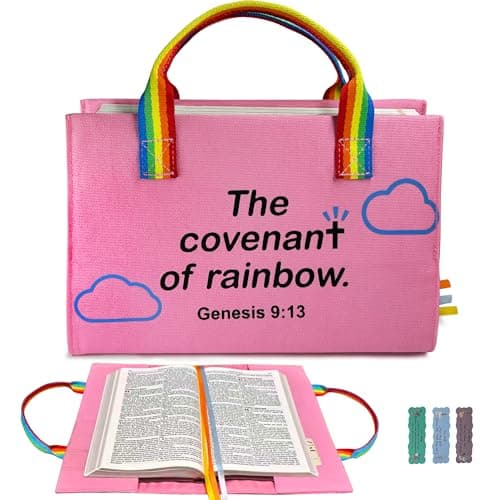 Bible Cover for Women, Zipper-Free Canvas Bible Case with Handle, Lay-Flat Design, Protective Lining, Exterior Pockets & Ribbon Bookmarks, Christian Gift for Women (2 Sizes) (Pink-Rainbow, Large)