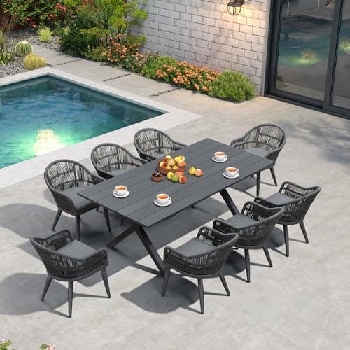 PURPLE LEAF 9 Pieces Outdoor Dining Set with Cushion Modern Rattan, Grey