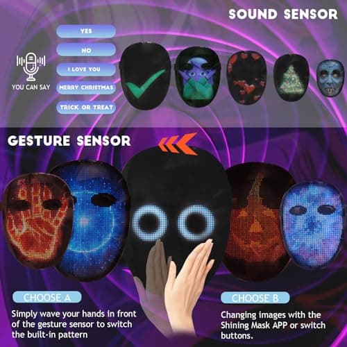 MOYACA Led Mask with Voice Recognition Gesture Sensing, Light up Mask with Programmable App Customize Patterns, Cool Toys Gifts for Halloween Christmas Costume Party - Thumbnail 2