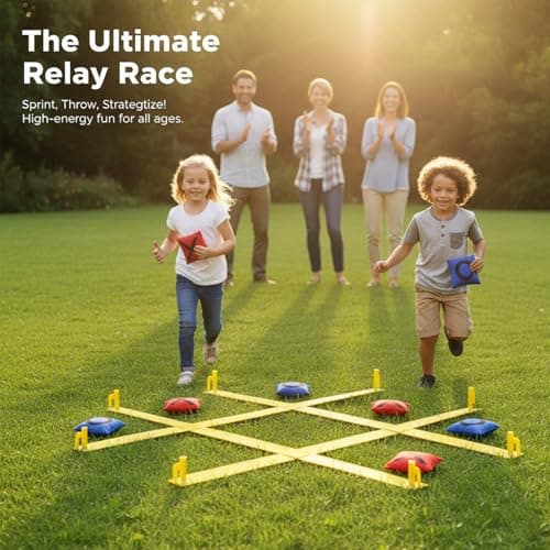 Giant Outdoor Tic Tac Toe Game 4ft x 4ft – Bean Bag Toss Set with 12 Award Medals, Stakes & Carry Bag – XL Lawn Yard Games for Kids Adults, Backyard Field Day Carnival & Family Party - Thumbnail 2