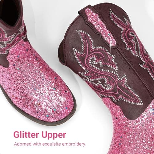 DREAM PAIRS Girls Cowgirl Boots Glitter Toddler Cowboy Boots Child Mid Calf Riding Shoes Party Birthday Dress Up for Toddler/Little/Big Kid,Size 9 Toddler,Pink,SKMB26002K - Thumbnail 5