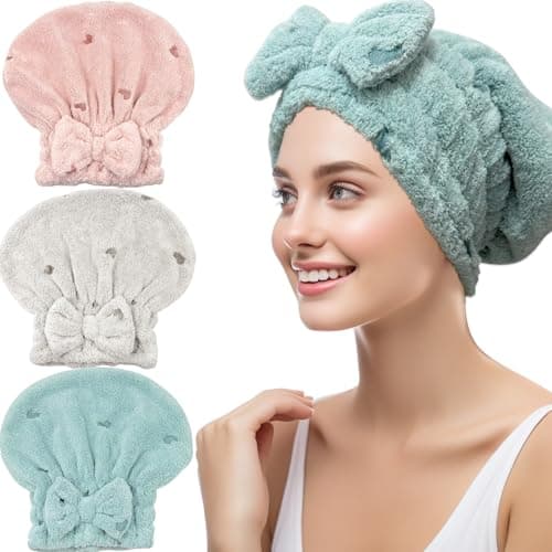 Jseng 3Packs Microfiber Hair Towel for Women - Quick-Drying, Super Absorbent Hair Wrap with Bow Design, Soft Hair Towel Turban for Curly Long Wet Hair - Image 1