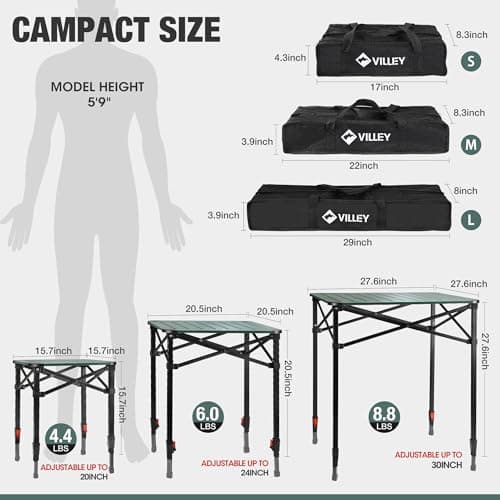 VILLEY Folding Camping Square Table with Carry Bag, Lightweight Aluminum Adjustable Square Table for Outdoor, Camping, Picnic, Backyards, BBQ, Small - Thumbnail 3