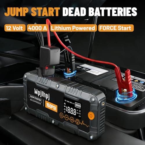 Jump Starter with Air Compressor, 4000A Portable Car Battery Jump Starter (10L Gas/8L Diesel), 12V Jump Pack with 150PSI Auto-Shutoff Tire Inflator, LED Light, Gloves & Car Emergency Kit - Thumbnail 2