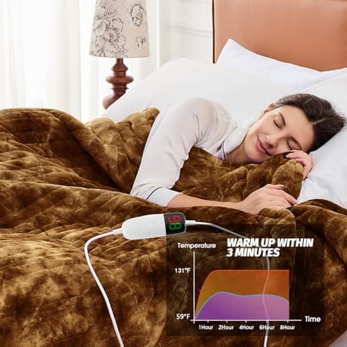 greenoak Heated Electric Blanket Throw, Faux Fur Sherpa Heating Blanket for Sofa Bed, Warm Winter Gifts for Dad/Grandma, Heater Lap Blankets 5-Position Timer &10 Heating Levels 50''*60" Brown - Thumbnail 6